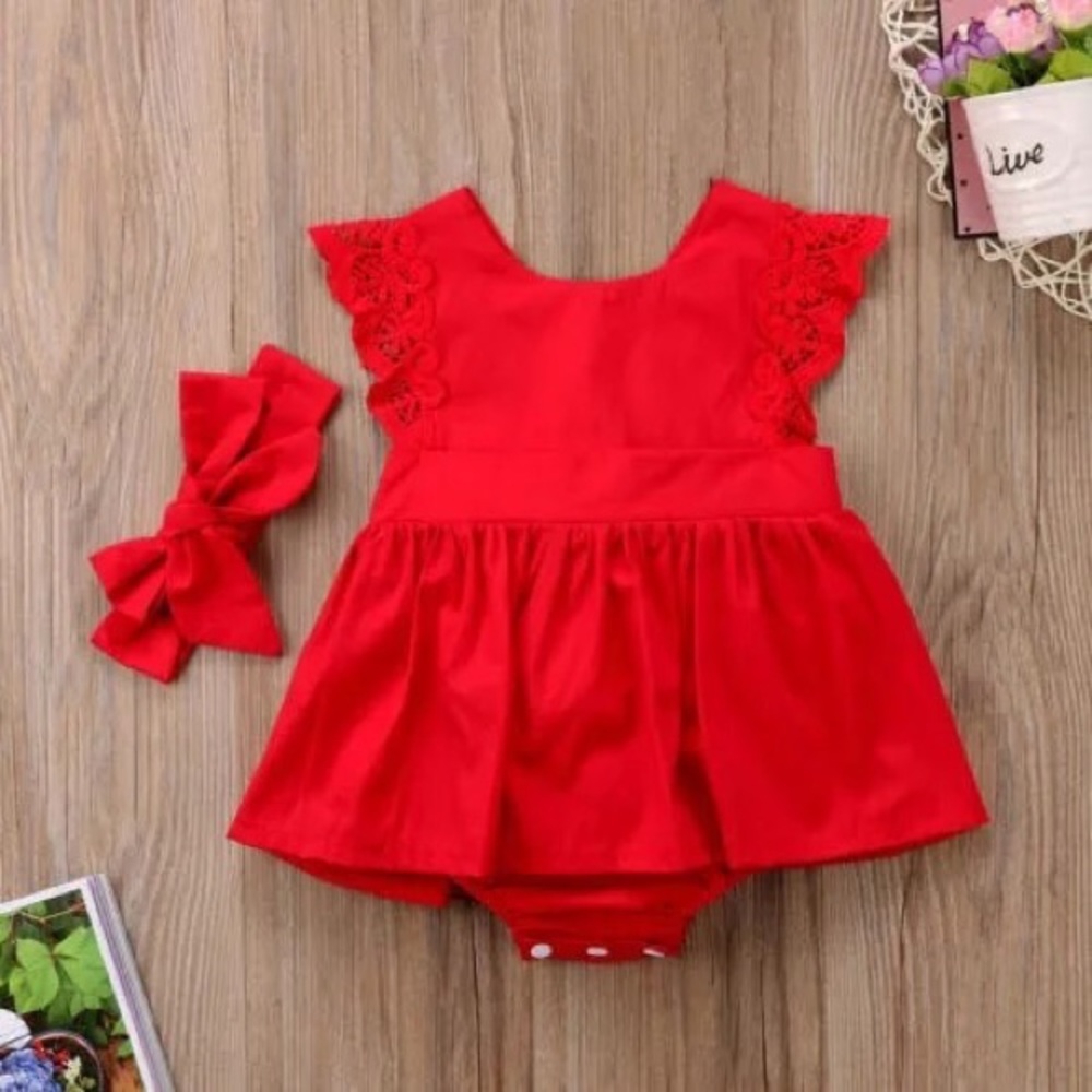 🆕Baby Girl Red Dress+Diaper Cover with Hairbow